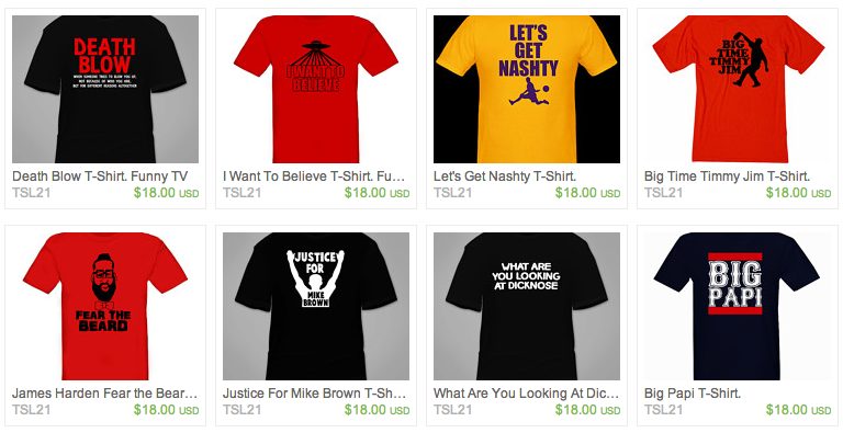 The online merchant "TshirtLegend" is selling a "Justice for Mike Brown" t-shirt alongside other shirts that read "Let's Get Nashty" and "I Want to Believe" on the online marketplace Etsy. (Photo: The Blot)