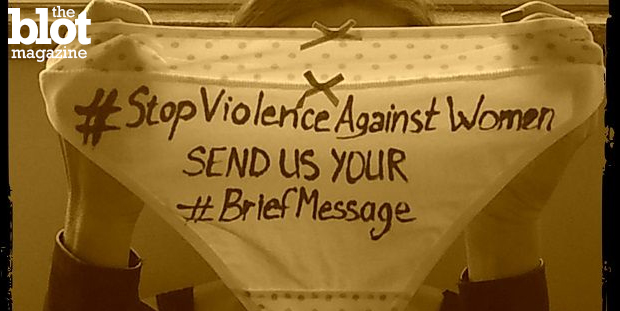 For International Women's Day, artist/activist AleXsandro Palombo asked women to write on their panties to promote #StopViolenceAgainstWomen. (AleXsandro Palombo photo) 