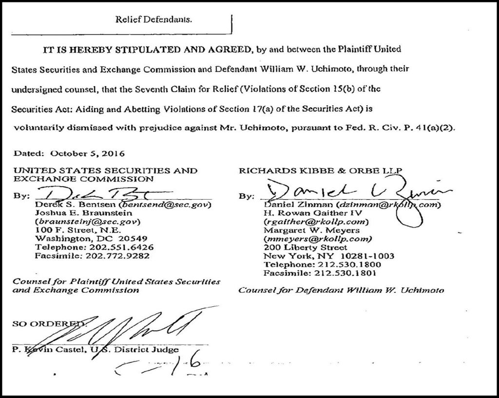 SEC drops fraud charges against lawyer William Uchimoto, SEC staff Derek Bentsen, Steven Susswein, Cheryl Crumpton fabricated case