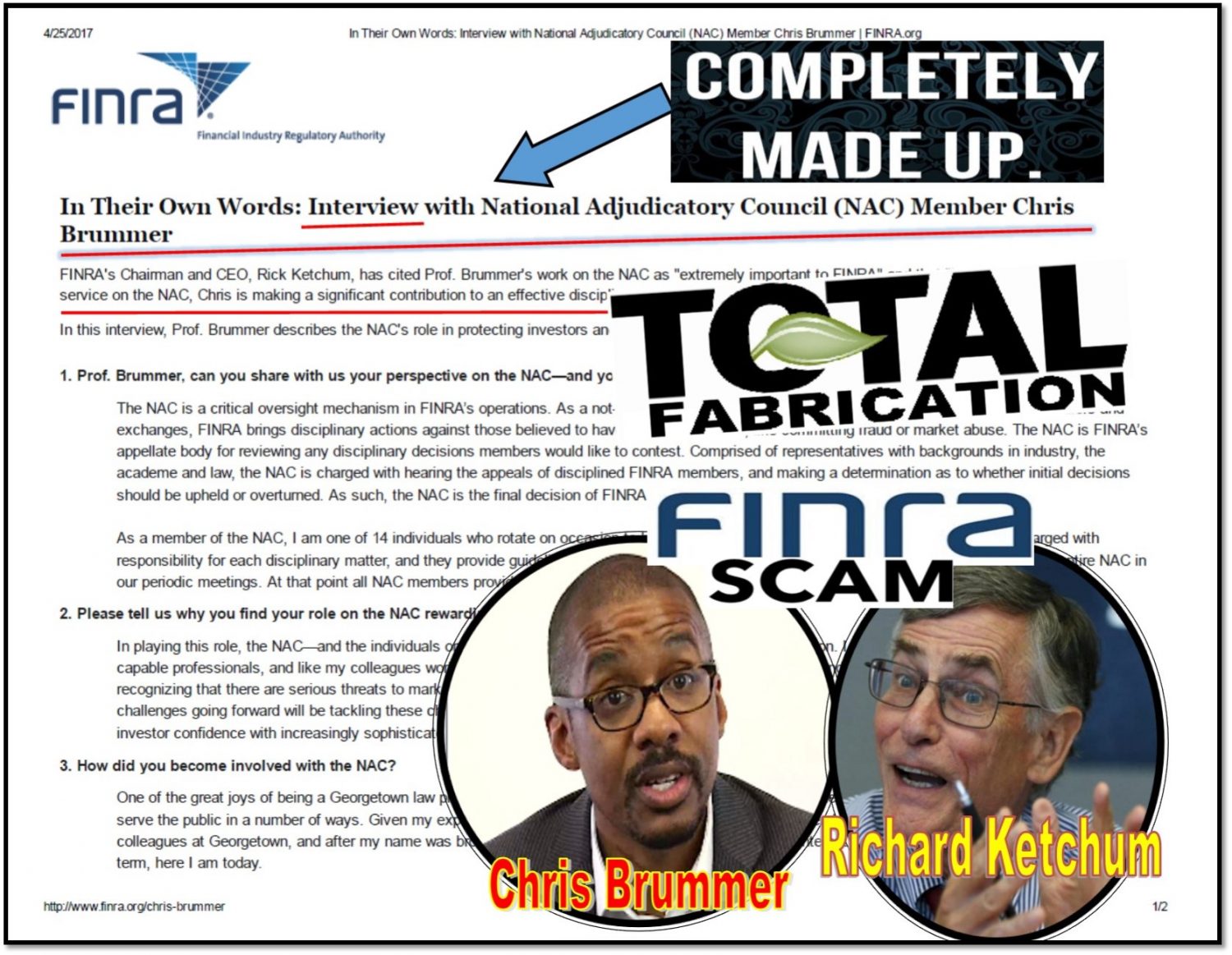 BRREAKING NEWS, FINRA Put Up Fake NAC Member Chris Brummer Interview on Official Site, Former CEO Richard Ketchum Caught Whitewashing Rigged FINRA NAC Hearings